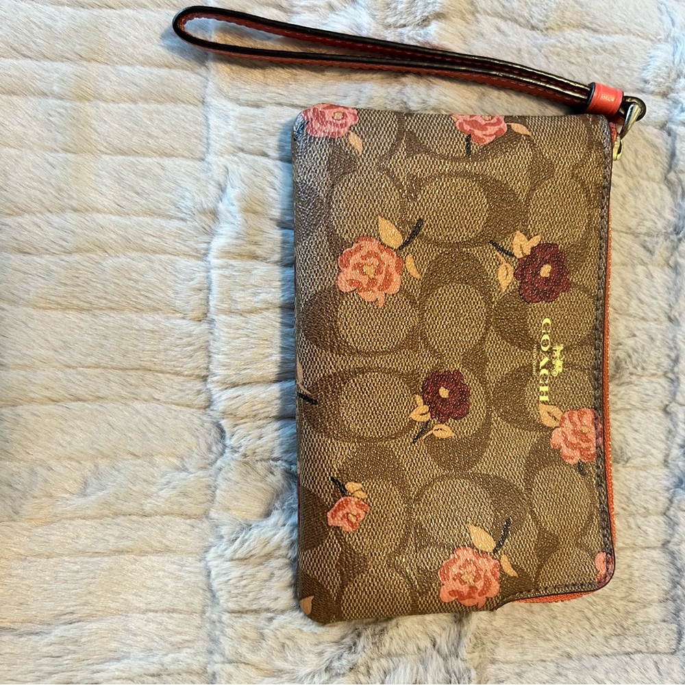 Coach Tan and Pink Floral Wristlet